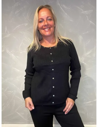 "Sort cardigan med rib og knapper"