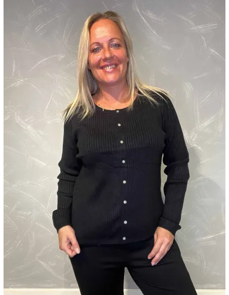 "Sort cardigan med rib og knapper"