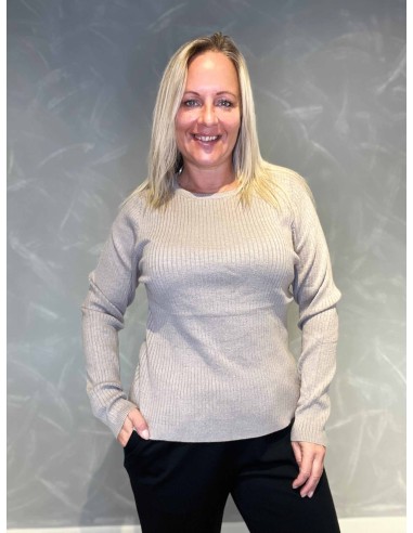 "Beige rib strik bluse med rund hals"