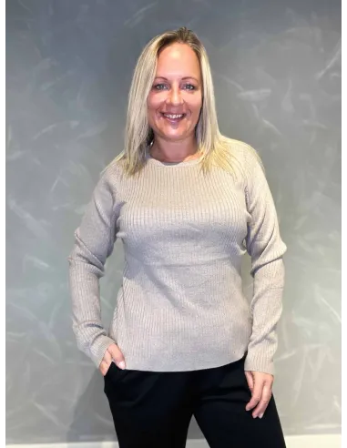 "Beige rib strik bluse med rund hals"