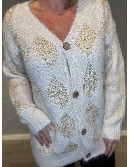"Nærbillede af gulddetaljer på beige cardigan til kvinder - TIPPY"