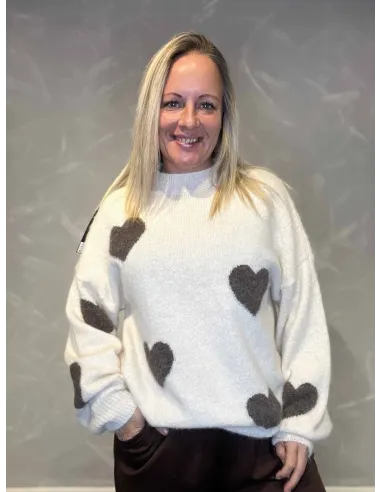 "Hvid strik med brune hjerter til kvinder - TIPPY Collection"
