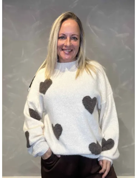"Hvid strik med brune hjerter til kvinder - TIPPY Collection"