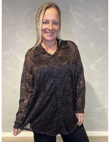 "Sort gennemsigtig blondeskjorte til kvinder - TIPPY Collection"