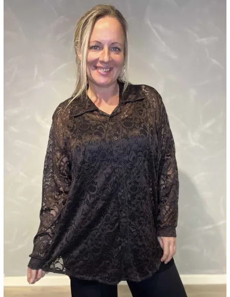 "Sort gennemsigtig blondeskjorte til kvinder - TIPPY Collection"