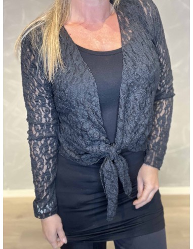 "Nærbillede af blonde stof og bindebånd på sort bolero cardigan til kvinder - TIPPY"