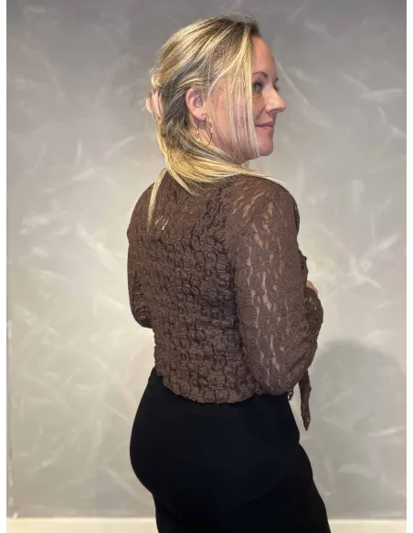 "Bagside af brun blonde bolero cardigan med bindebånd til kvinder - TIPPY"