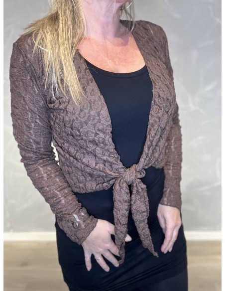 "Nærbillede af blonde stof og bindebånd på brun bolero cardigan til kvinder - TIPPY"