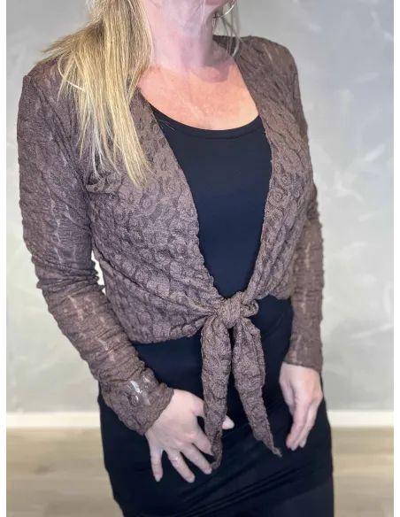 "Nærbillede af blonde stof og bindebånd på brun bolero cardigan til kvinder - TIPPY"