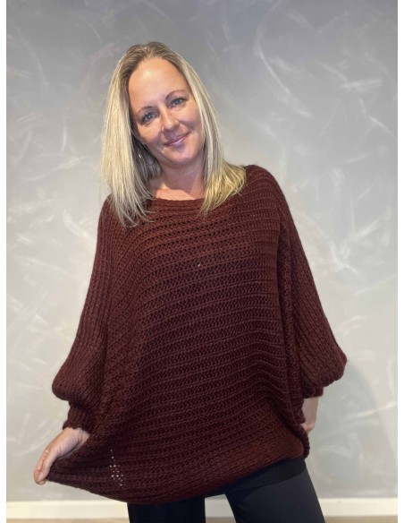 "Bordeaux strik poncho med ballonærmer og knude bagved til kvinder - TIPPY Collection"