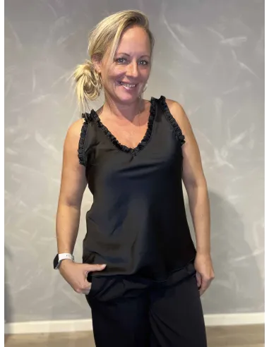 35871 ÆRMELØS SATIN TOP MED FLÆSER SORT