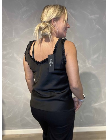 35871 ÆRMELØS SATIN TOP MED FLÆSER SORT