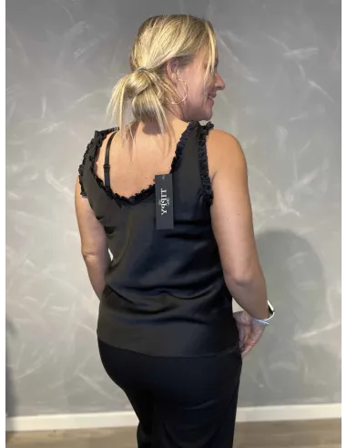 35871 ÆRMELØS SATIN TOP MED FLÆSER SORT