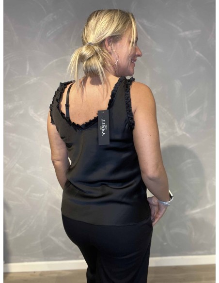 35871 ÆRMELØS SATIN TOP MED FLÆSER SORT