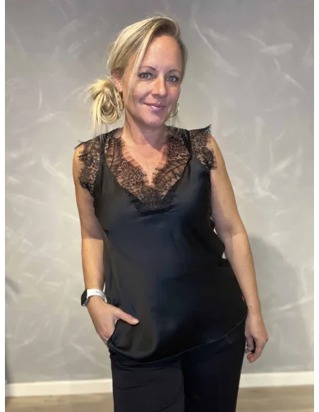 sort satin top med blondkant til kvinder – TIPPY Collection