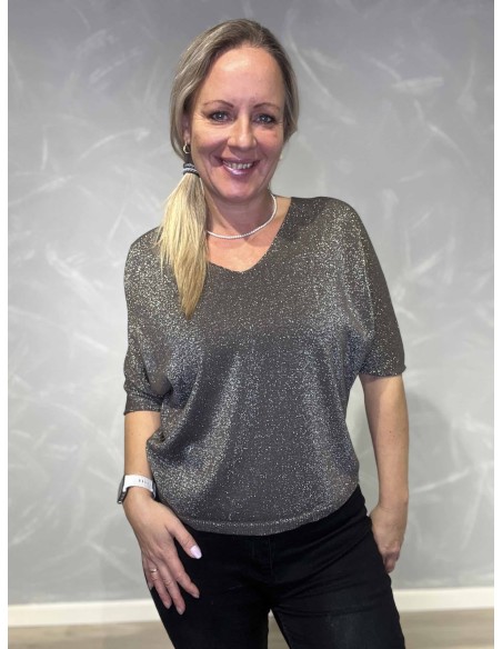 grå glimmer bluse med v-udskæring – TIPPY Collection