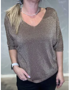 brun glimmer bluse med v-udskæring til kvinder – TIPPY Collection 2