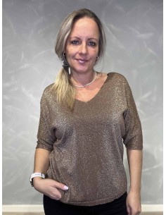 brun glimmer bluse med v-udskæring til kvinder – TIPPY Collection