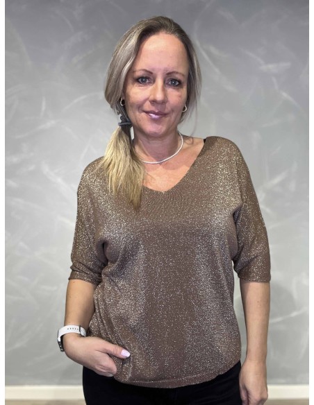 brun glimmer bluse med v-udskæring til kvinder – TIPPY Collection