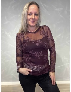Bordeaux mesh bluse med blomster til kvinder – TIPPY Collection