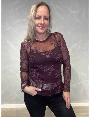 Bordeaux mesh bluse med blomster til kvinder – TIPPY Collection