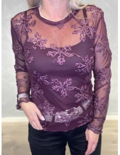 Bordeaux mesh bluse med blomster til kvinder – TIPPY Collection 2