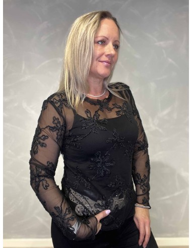 Sort mesh bluse til kvinder med blomsterbroderi – TIPPY Collection TIPPY