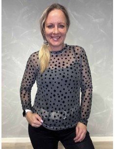 Grå mesh bluse til kvinder med velourprikker – Italian Select TIPPY