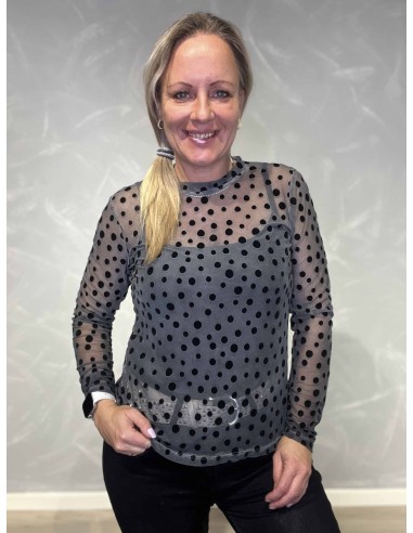 Grå mesh bluse til kvinder med velourprikker – Italian Select TIPPY