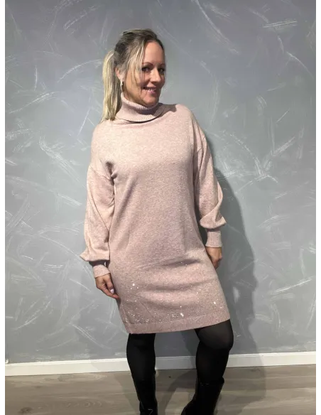 Rose strikkjole med højhals og med glimmersten – Italian Select