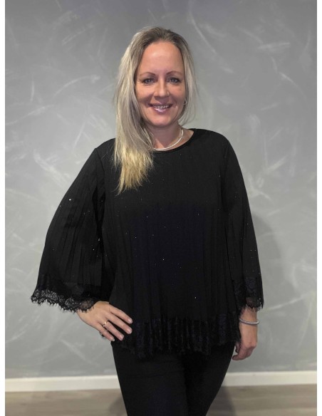 Sort plissé glimmer bluse med glimmereffekt til kvinder – Italian Select