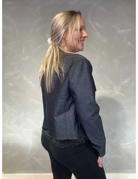 Bagside af let denim kort blazer jakke til kvinder – TIPPY