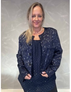 Navy kort blazer jakke med sølv blomsterprint og skuldrepuder – TIPPY Design