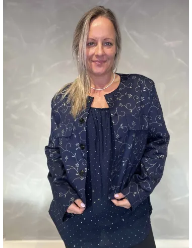 Navy kort blazer jakke med sølv blomsterprint og skuldrepuder – TIPPY Design