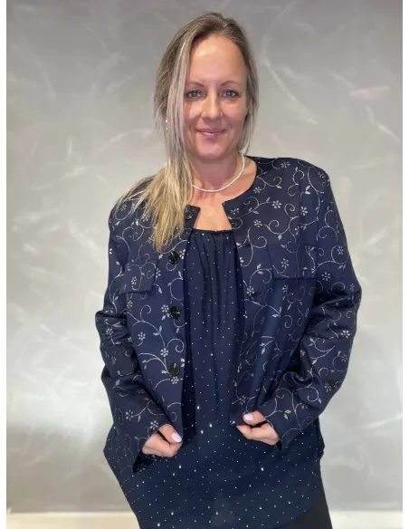 Navy kort blazer jakke med sølv blomsterprint og skuldrepuder – TIPPY Design