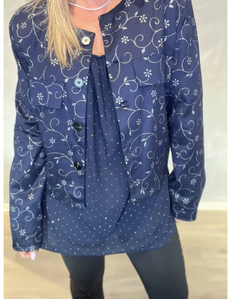 Sølv blomsterprint på navy blazer jakke – TIPPY
