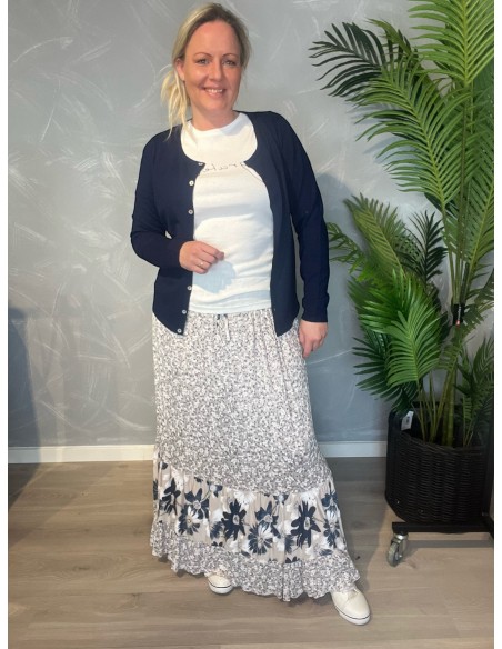 Cremefarvet maxi nederdel med navy blomsterprint og flæsekant