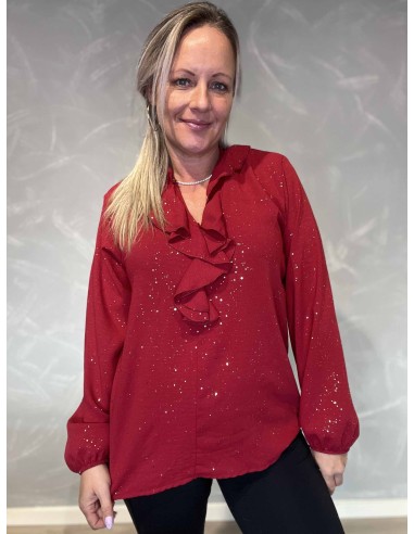 Rød glimmer bluse med flæser til kvinder – TIPPY Collection