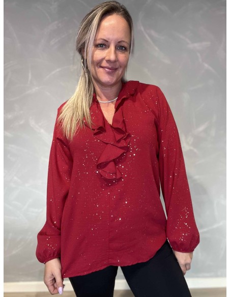 Rød glimmer bluse med flæser til kvinder – TIPPY Collection