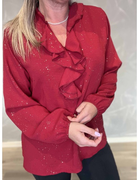 Flæsedetalje og glimmer på rød festbluse – TIPPY
