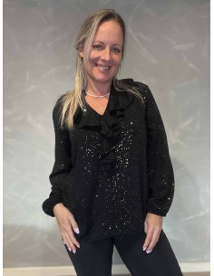 Sort glimmer bluse med flæser til kvinder – TIPPY Collection