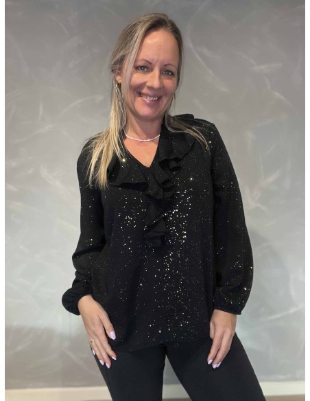Sort glimmer bluse med flæser til kvinder – TIPPY Collection