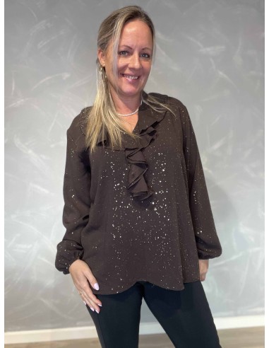 Coffee glimmer bluse med flæser til kvinder – TIPPY Collection