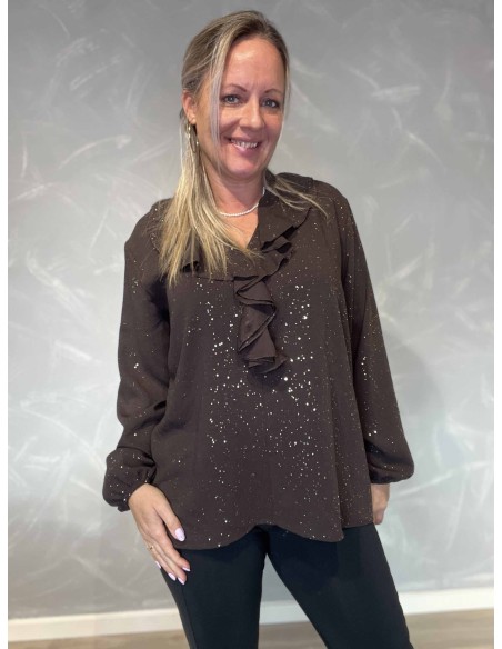 Coffee glimmer bluse med flæser til kvinder – TIPPY Collection