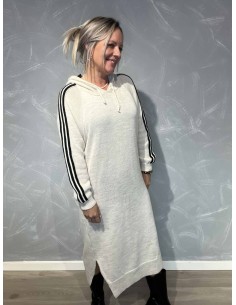 Beige strik sweatkjole med striber og hætte til kvinder – TIPPY Collection