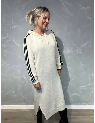 Beige strik sweatkjole med striber og hætte til kvinder – TIPPY Collection