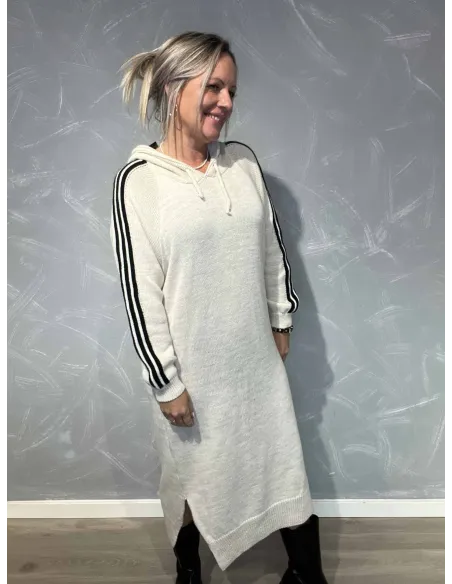 Beige strik sweatkjole med striber og hætte til kvinder – TIPPY Collection