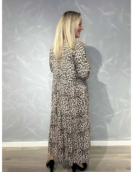Bagside af beige maxikjole med leopardprint til kvinder – TIPPY
