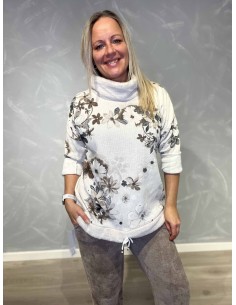 Hvid/brun bluse med plys krave og snøre til kvinder – TIPPY Collection