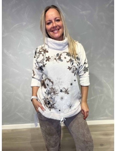 Hvid/brun bluse med plys krave og snøre til kvinder – TIPPY Collection